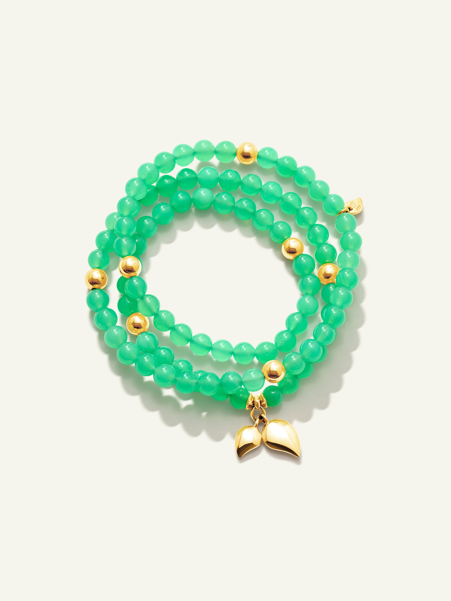 INDIA Armband mit 18K Goldperlen und Chrysopras, drei Reihen