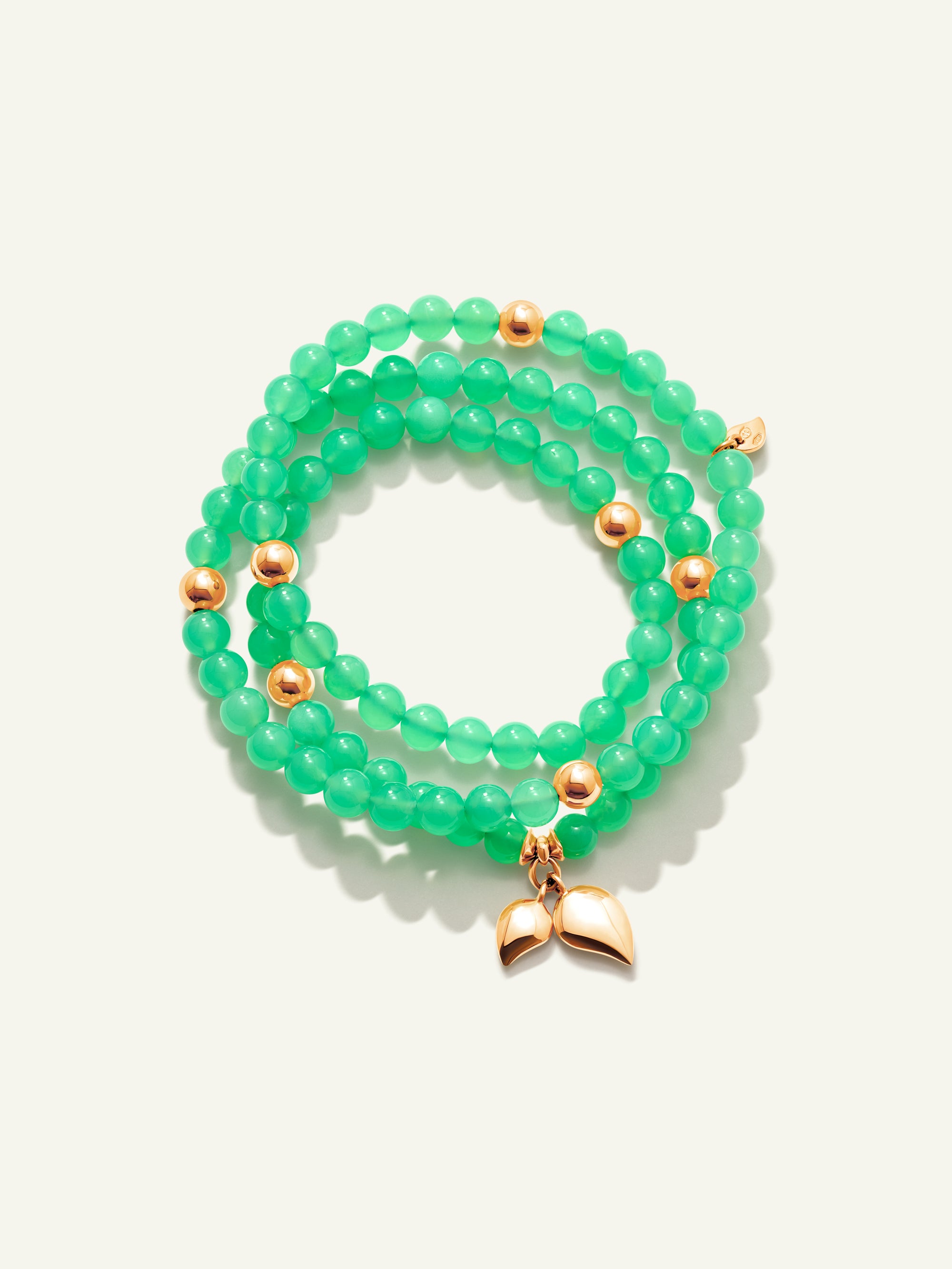 Bracelet INDIA Chrysoprase with golden beads, three row, medium