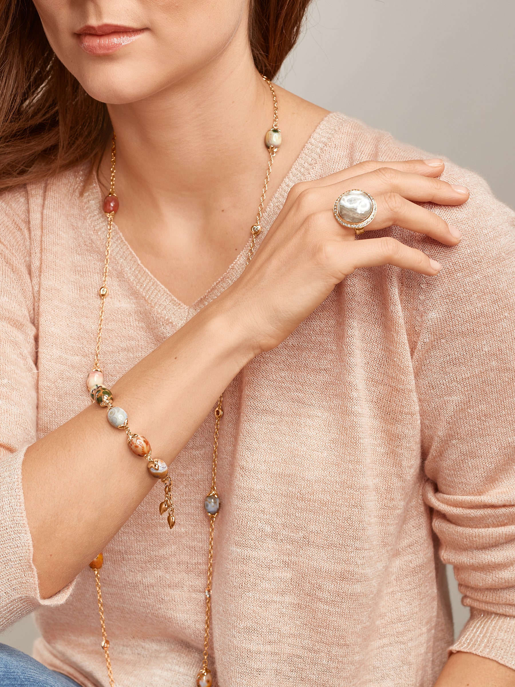 OCEAN JASPER Large Ring with Champagne Diamond Pavé
